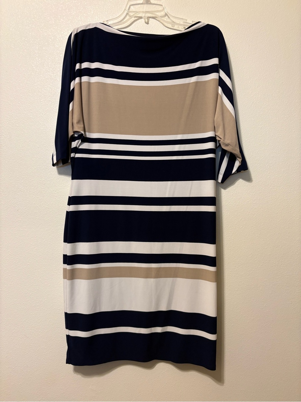 Jones New York Navy, White & Beige Striped Midi Dress